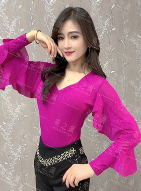 6141英之飒秋冬新广场舞服装荷叶袖女吉特巴舞蹈服摩登亮片跳舞衣