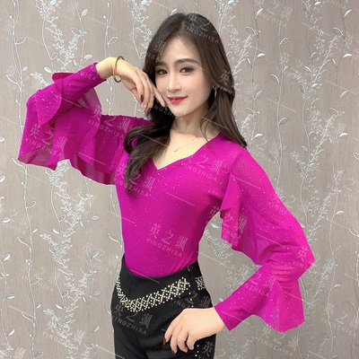 6141英之飒秋冬新广场舞服装荷叶袖女吉特巴舞蹈服摩登亮片跳舞衣