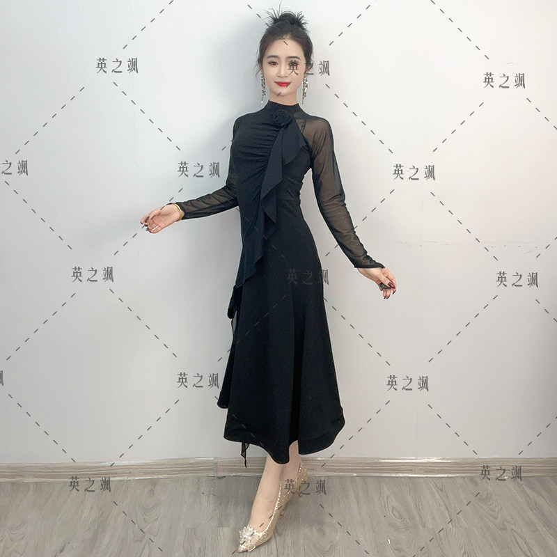 25074英之飒新款点帕斯广场舞中长连衣裙吉特巴交谊显瘦弹力舞裙