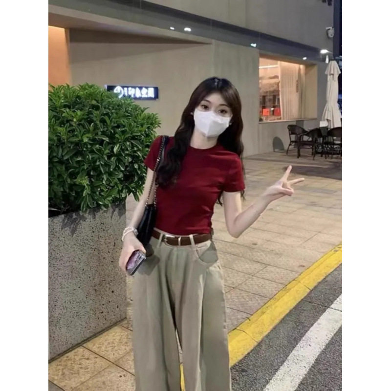 酒红色辣妹正肩t恤女修身短上衣夏季美式百搭ins卡腰短袖打底小衫