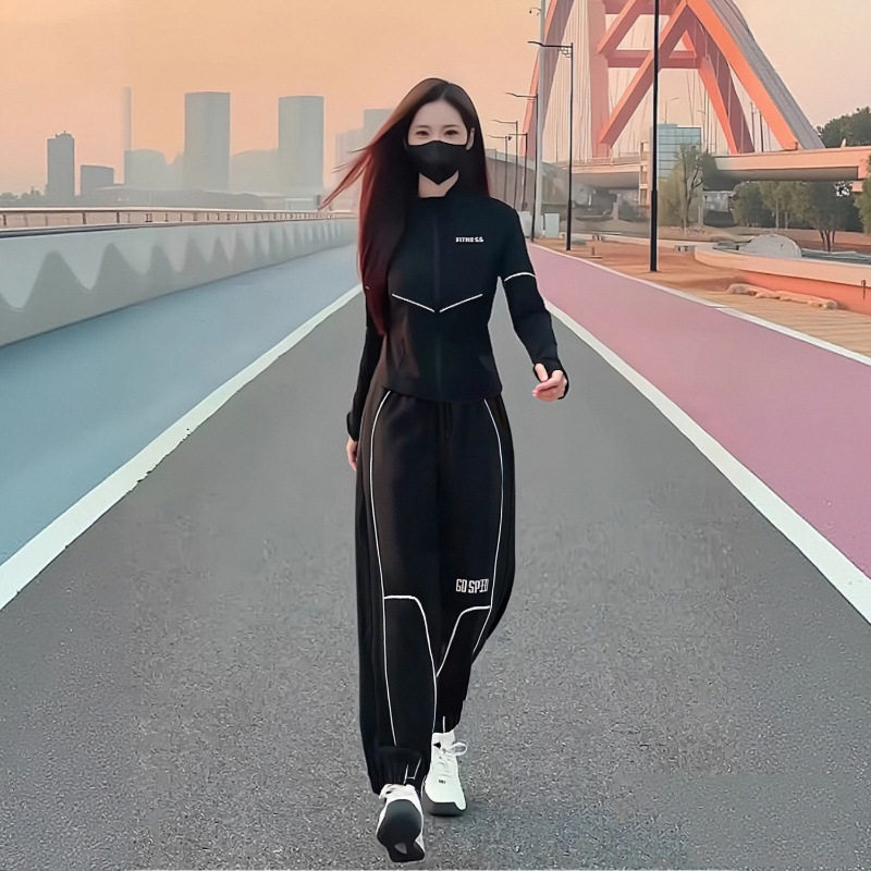 跑步运动服套装女2025年春秋季新款黑色立领宽松开衫卫衣两件套装