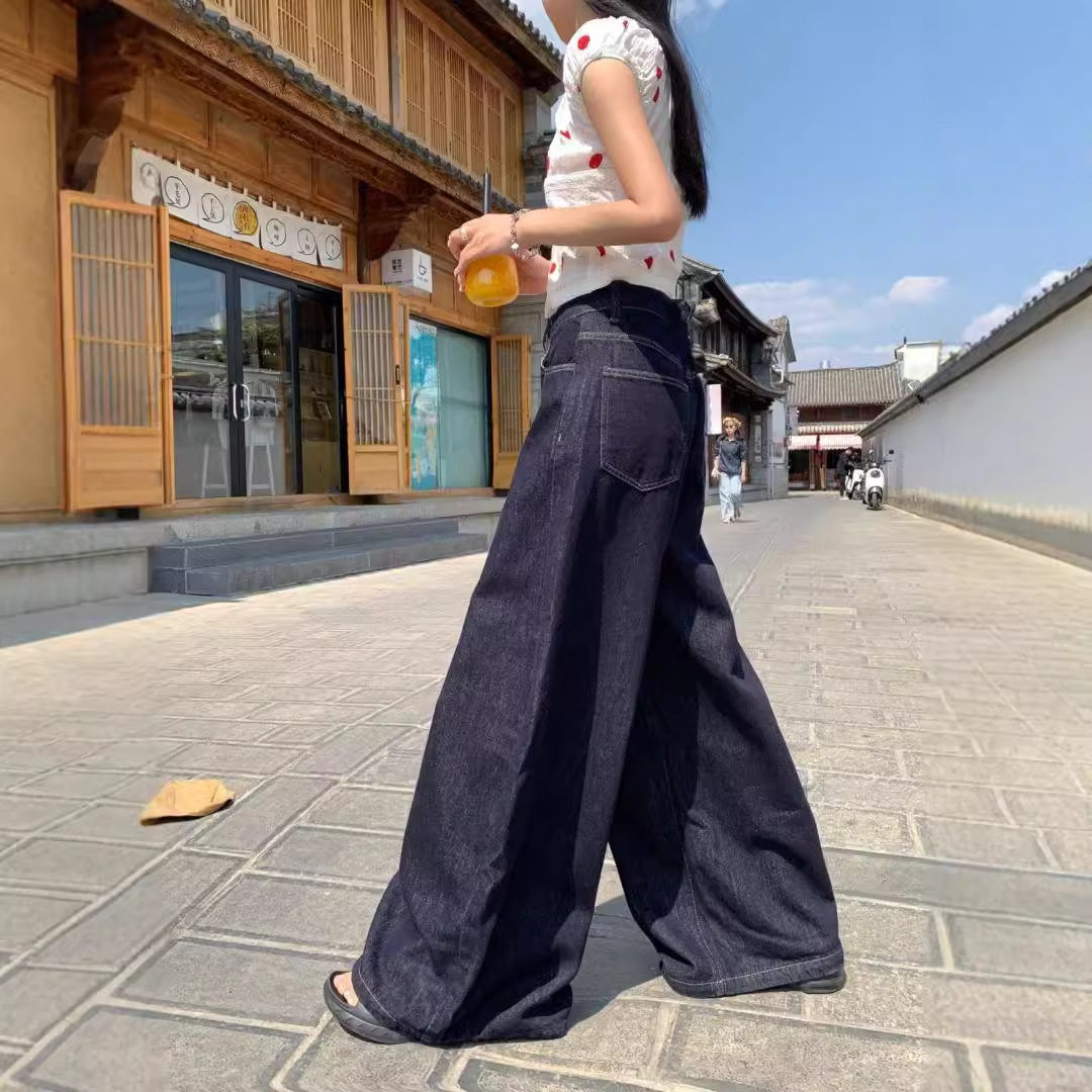 深蓝色高腰阔腿牛仔裤女2025春秋新款复古宽松显瘦垂感直筒拖地裤