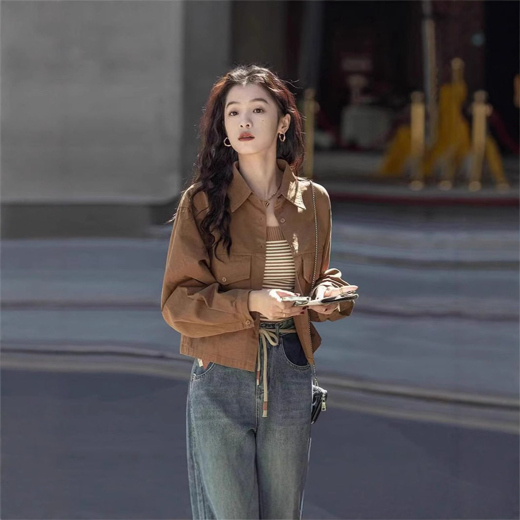 外套女春秋设计感港风上衣复古长袖衬衫洋气短款纯色小个子衬衣女