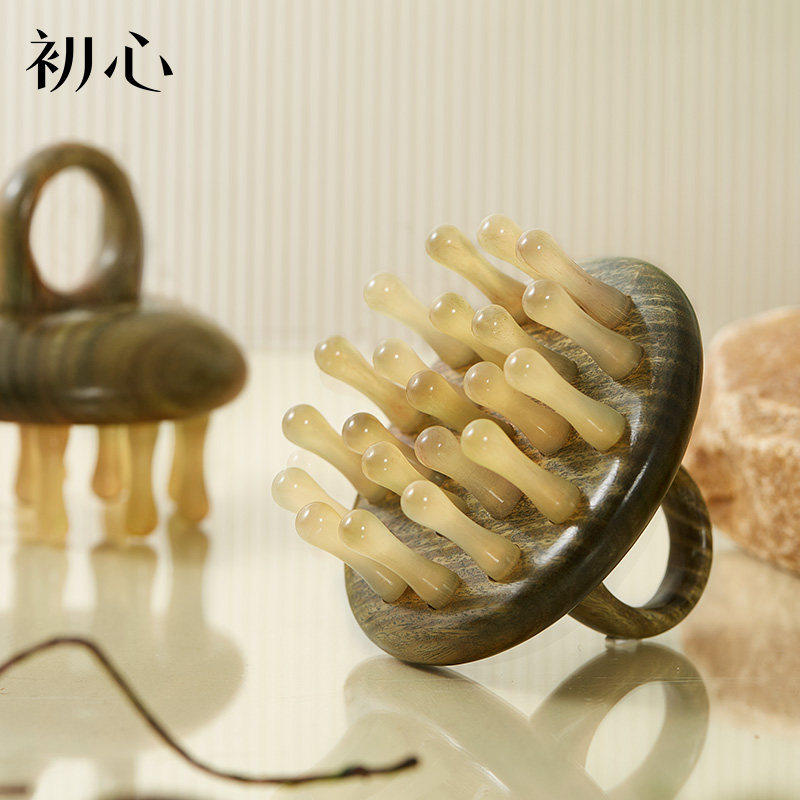初心牛角梳戒指梳按摩头皮经络梳家用羊角头部多功能洗头梳子礼盒
