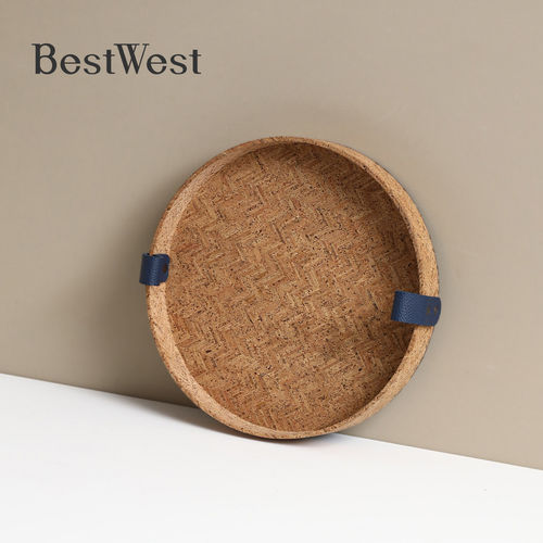 BEST WEST 天然软木编织纹香薰托盘圆形带把手首饰项链桌面置物盘