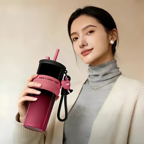 保温女杯女士高颜值2026新款大容量学生吸管水杯子不锈钢陶瓷内胆