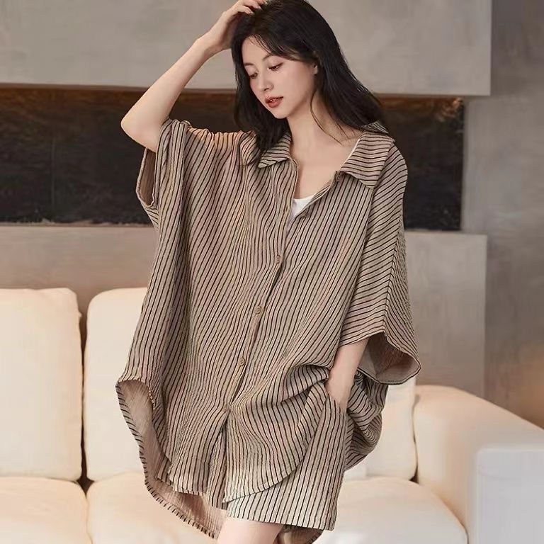 夏季云朵棉睡衣女衬衫中款短袖条纹休闲外穿大码夏天家居服两件套