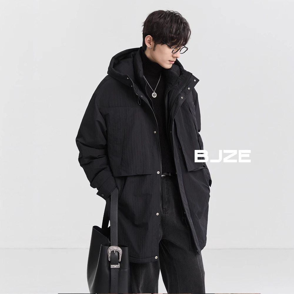 正品男装24冬季肌理感连帽羽绒服中长款韩版潮流鸭绒加厚风衣外套