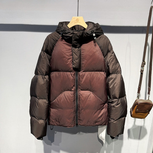 2025冬季新品潮流个性撞色拼接加厚保暖白鸭绒羽绒服美式复古外套