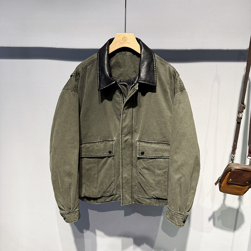 2025冬季老钱风复古水洗潮流韩版拼接翻领pu皮羽绒服外套男