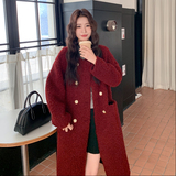 温柔风红色双排扣皮毛一体羊羔毛大衣女秋冬2025新款气质棉服外套，女装皮草，2D111