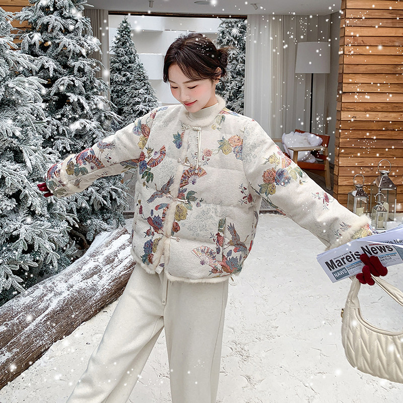 新中式国风提花圆领羽绒服女2025冬季新款短款毛绒拼接白鹅绒外套,女装羽绒服,2D111