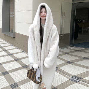 韩版保暖仿水貂绒连帽外套女2025冬季新款显瘦加厚长款毛茸茸大衣图片