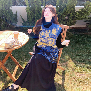 文艺复古油画针织马甲裙女2025春季新款法式气质连衣裙图片