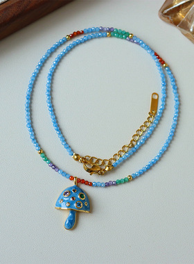 原创轻奢多巴胺蘑菇锆石串珠项链女百搭高级感小众气质简约锁骨链