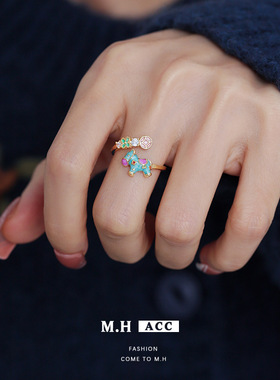 新款彩色小马锆石戒指女小众轻奢高级感食指环气质百搭指环配饰品