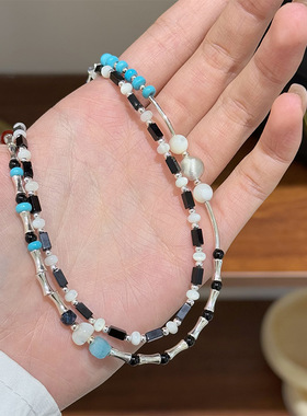 欧美时尚精致百搭黑白相间贝母天然石串珠项链轻奢小众百搭锁骨链