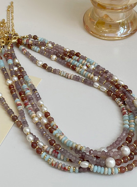 新款波西米亚复古算盘珠石头项链手工串珠个性百搭珍珠锁骨链颈链