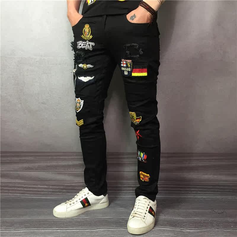 badge Embroidery Elastic force Jeans Chaopai Four seasons Trend Self cultivation Pencil Pants personality Korean Edition trousers trousersin the Men's clothing, Jeans  category - from Buy2taobao.com to provide professional Taobao agent buy service