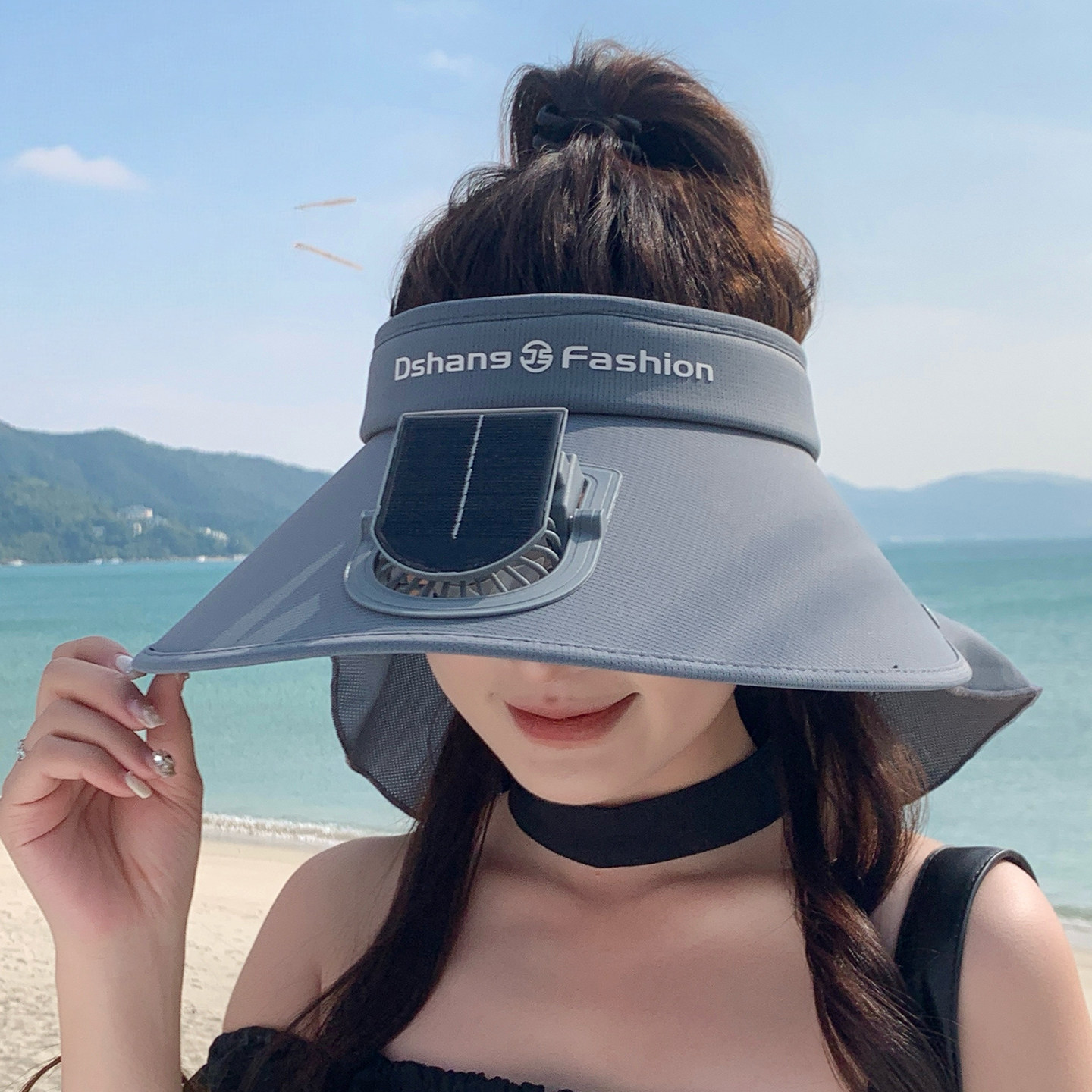 户外骑行太阳能帽女夏大帽檐风扇帽子遮脸防晒紫外线空顶遮阳帽男