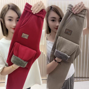 舒适保暖一体绒小脚长裤 女高腰拼接显瘦卫裤 加厚羊羔毛休闲裤 冬季
