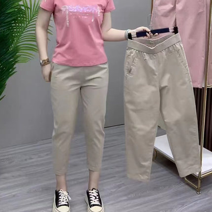 欧货夏季水洗棉薄款八分裤子女高腰宽松哈伦裤百搭显瘦爆款奶奶裤