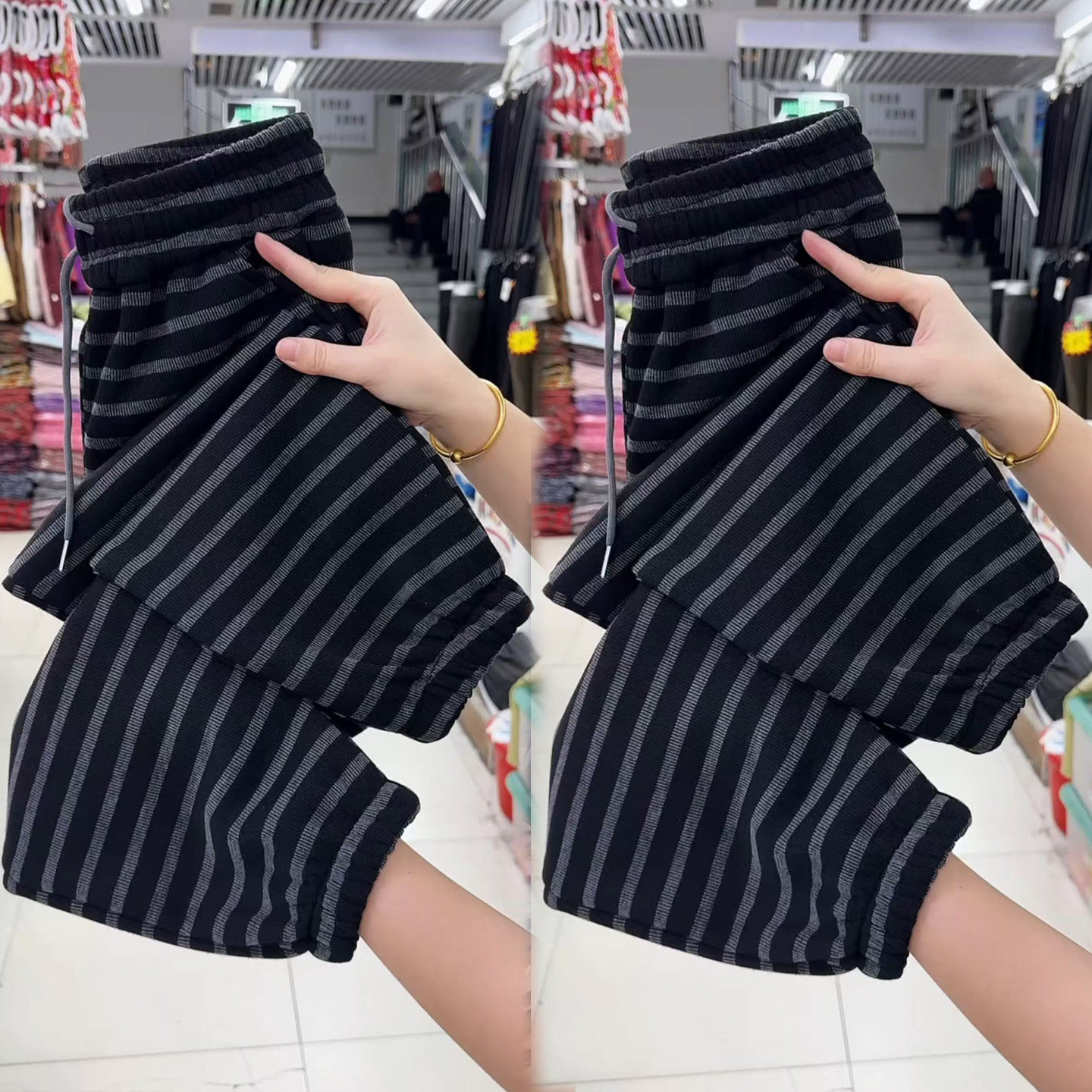 冬季加绒条纹休闲裤子女高腰宽松洋气显瘦束脚裤加厚保暖九分卫裤