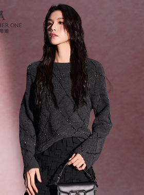 ANOTHER ONE安那迪慵懒风落肩设计短款毛衣菱形格纹圆领针织衫女