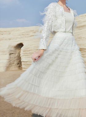 ANOTHER ONE安那迪奶白色渐变蛋糕裙小众设计感时尚半身裙