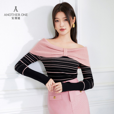 Anotherone气质一字肩针织开衫