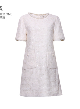 ANOTHER ONE安那迪高级气质白色显瘦直筒裙口袋小香风毛呢连衣裙