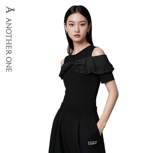 ANOTHER ONE安那迪时尚蝴蝶结露肩针织衫法式气质钉珠设计感上衣