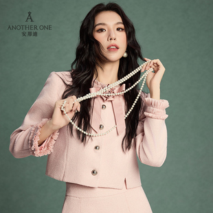 ANOTHER ONE小香风粗花呢时髦外套千金风木耳边精致上衣设计感
