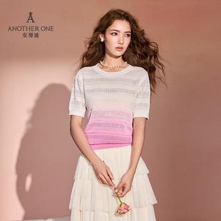 上衣甜美风 ANOTHER ONE渐变色镂空针织衫 女新款 设计感小众短袖