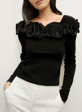 ANOTHER ONE安那迪法式气质一字肩上衣显瘦针织立体花短袖