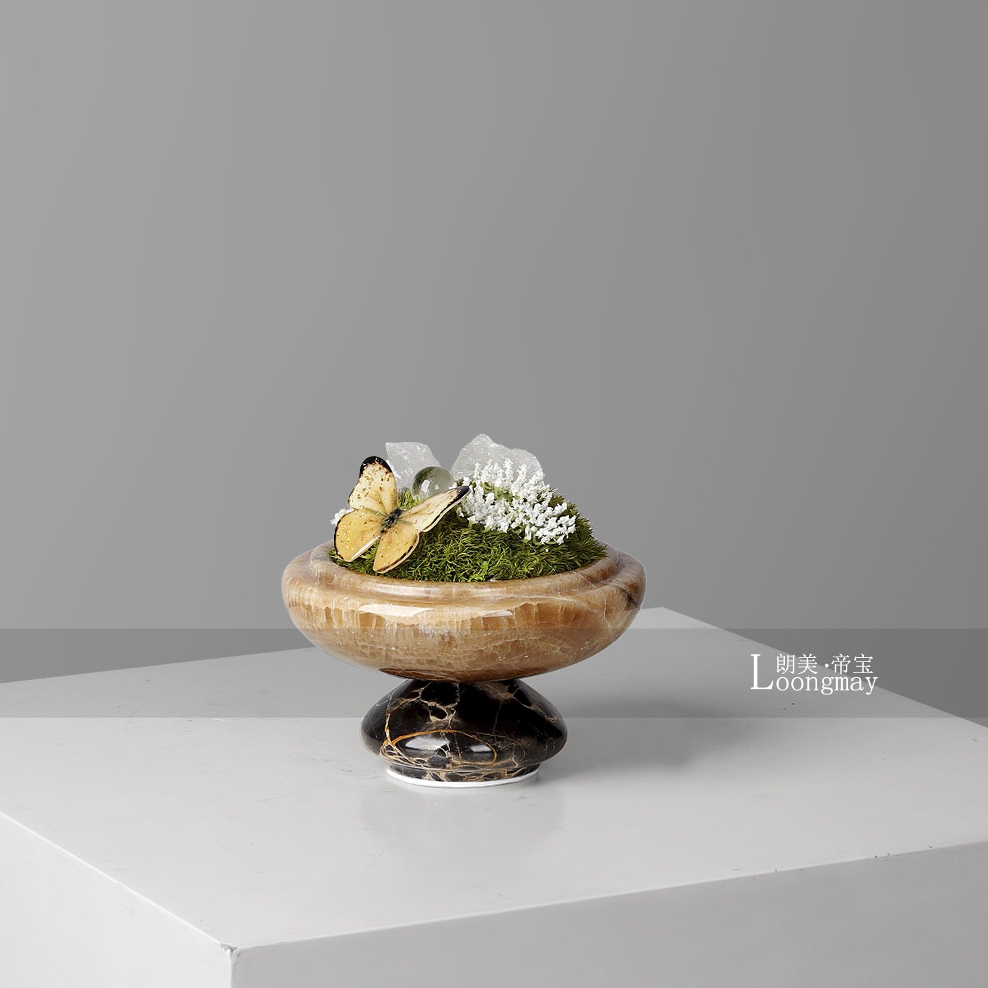 中古玉石花瓶插花酒店会所茶几小桌花绿植苔藓高级感新中式装饰品