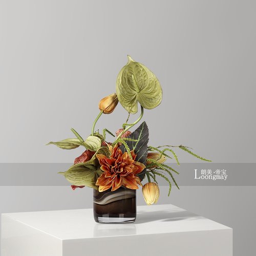 现代轻奢咖色玻璃花瓶花艺售楼处客厅茶几洽谈桌小桌花高级感摆件