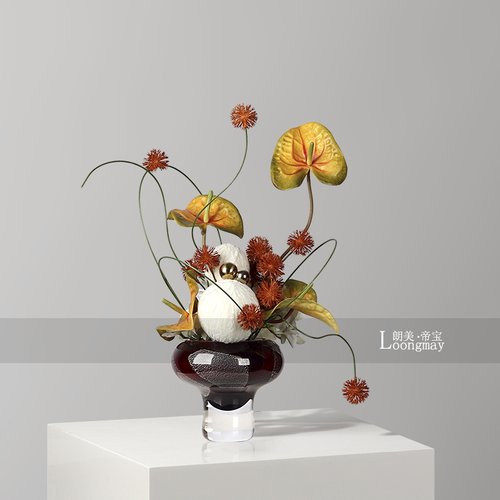 艺术棕红高脚玻璃小花瓶花艺酒店客厅茶几餐桌插花高级感中古摆件