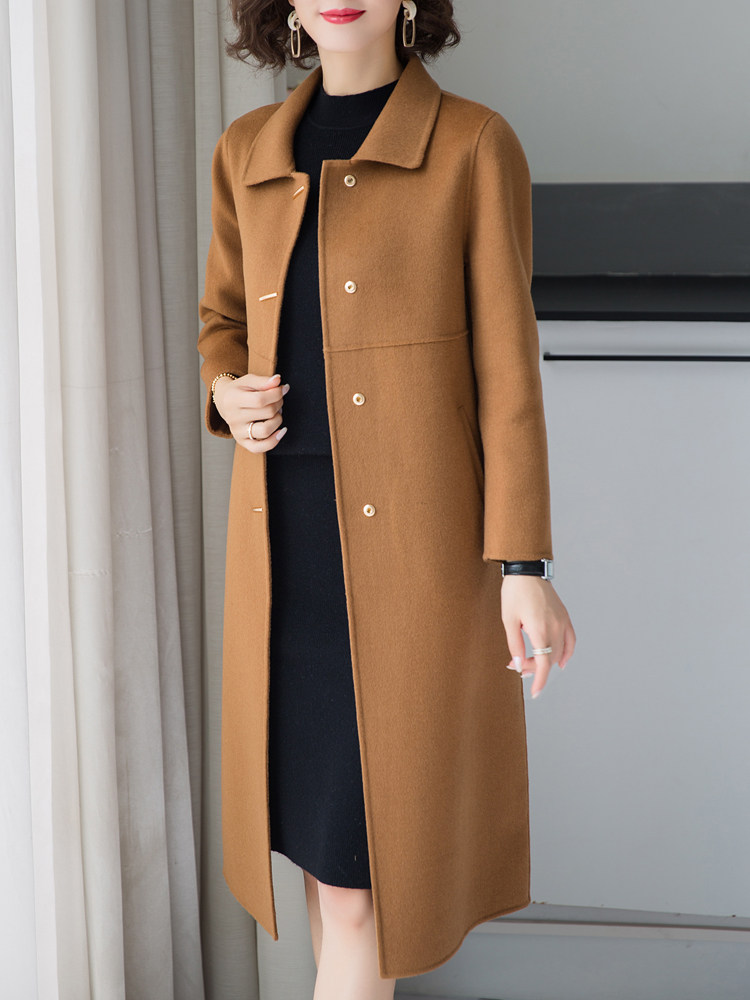 Double-sided velvet wool coat women's knee-length version of the 2021 spring and autumn new Hepburn wind doll collar trench coat