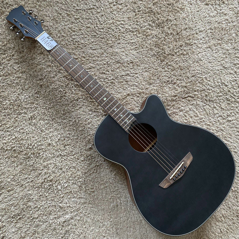 大工厂库存云杉桃花芯木合板民谣木吉他彩贝镶嵌黑色缺角40英寸