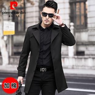 皮尔卡丹秋冬季加棉气质风衣中年男商务休闲中长款单排扣保暖外套