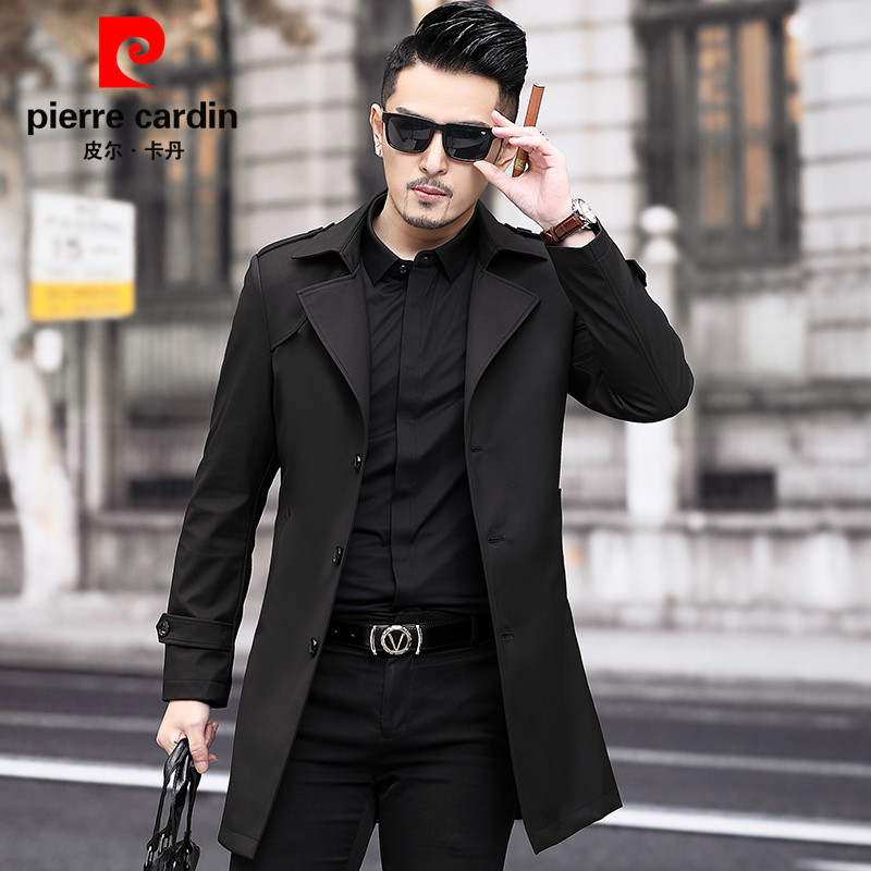 皮尔卡丹春季男士短款风衣气质中长款男士商务休闲单排扣免烫外套