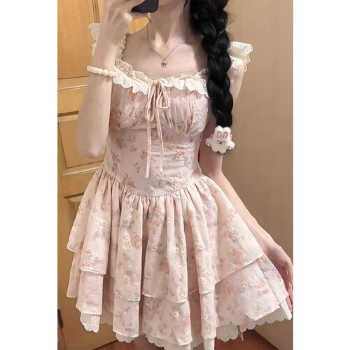 甜美碎花连衣裙女夏日绝美温柔仙女风日常可穿粉色蓬蓬公主裙