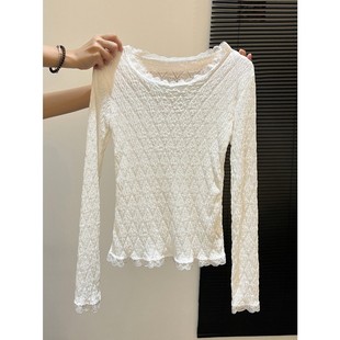 肌理感长袖 秋冬内搭别致上衣优雅休闲小衫 T恤 显瘦蕾丝打底衫 修身