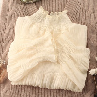 内搭加绒半高领打底衫 2023新款 白色上衣 女冬季 木耳边蕾丝雪纺衫