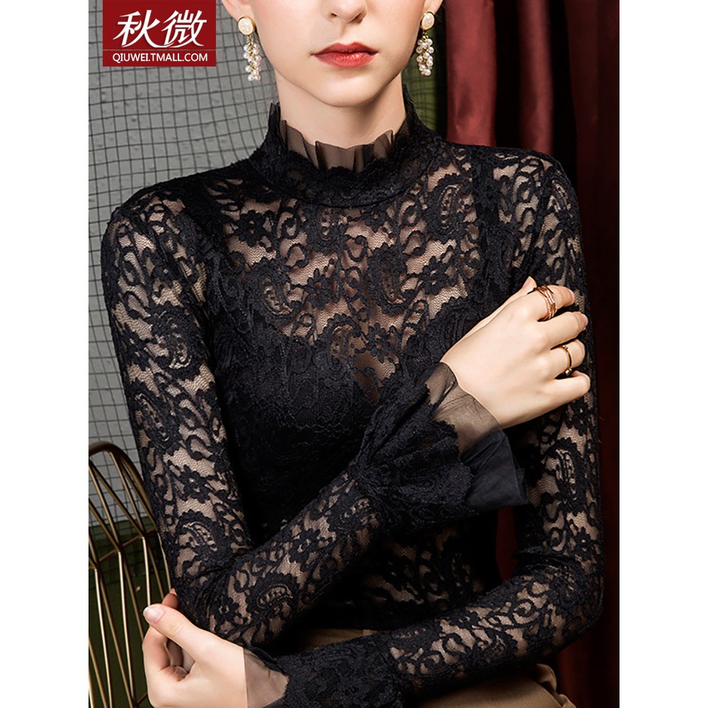 秋冬女士蕾丝衫透视性感修身