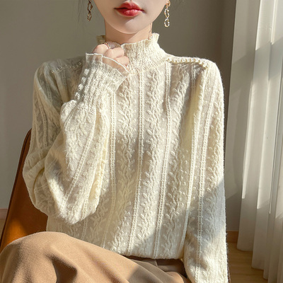 2024秋冬新款优雅高级感针织衫女蕾丝木耳边打底衫半高领毛衣内搭