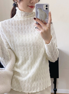 秋冬女士蕾丝衫上衣高领爱心植绒韩版t恤长袖修身内搭外穿打底衫
