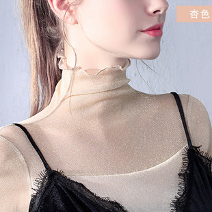 新款 打底衫 木耳边半高领大码 金银线蕾丝网纱长袖 T恤女 女装 春夏装