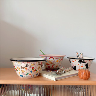 FunLife生活馆 创意仿搪瓷陶瓷汤面碗 可爱蜡笔天气猫咪家用饭碗
